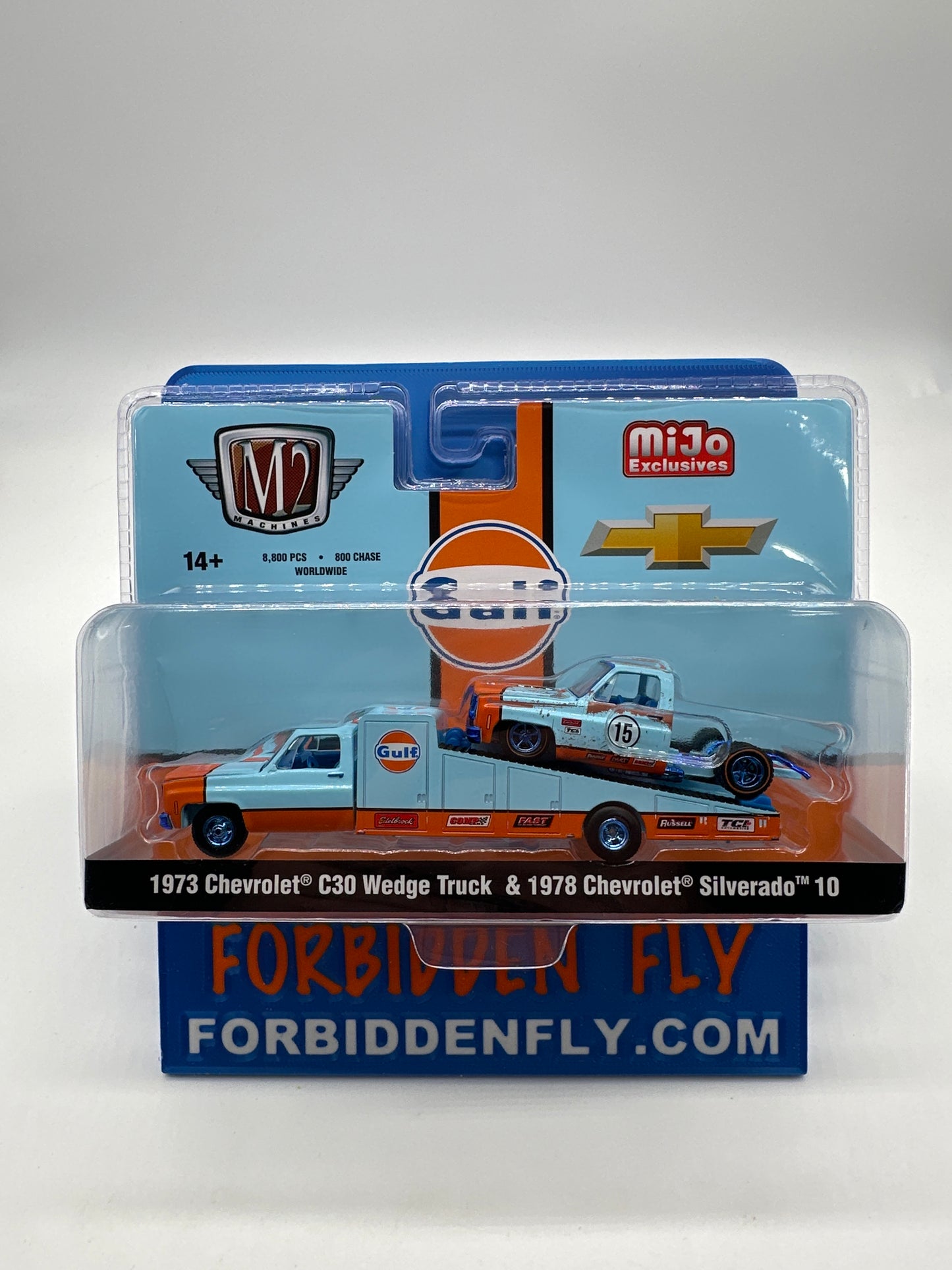 M2 Machines 2025 MiJo Exclusive - 1973 Chevrolet C30 Wedge Truck & 1978 Chevrolet Silverado 10 - Gulf Livery - Chase