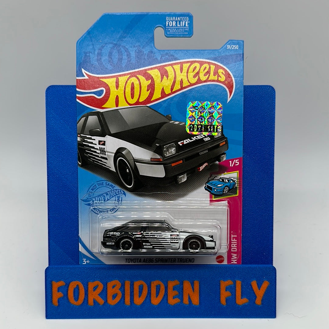 Hot Wheels 2021 Factory Stickered Mainline - Black & White Falken Toyota AE86 Sprinter Trueno