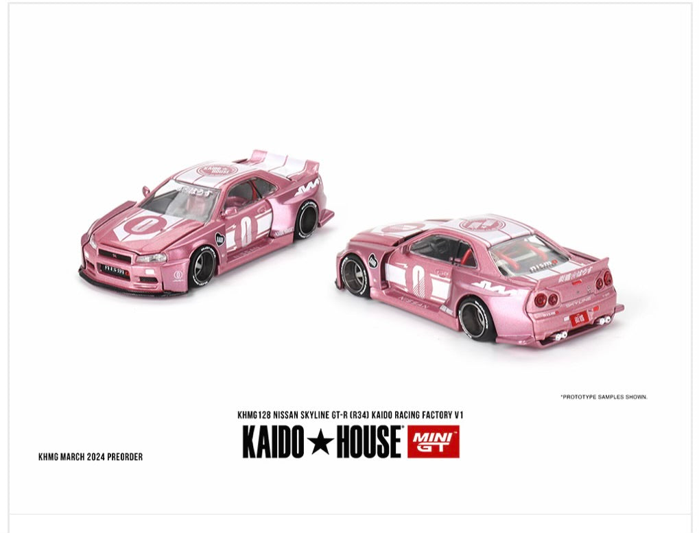Kaido House (x MiniGT) - Regular Release #128 - Pink Nissan Skyline GT-R (R34) Kaido Racing Factory V1