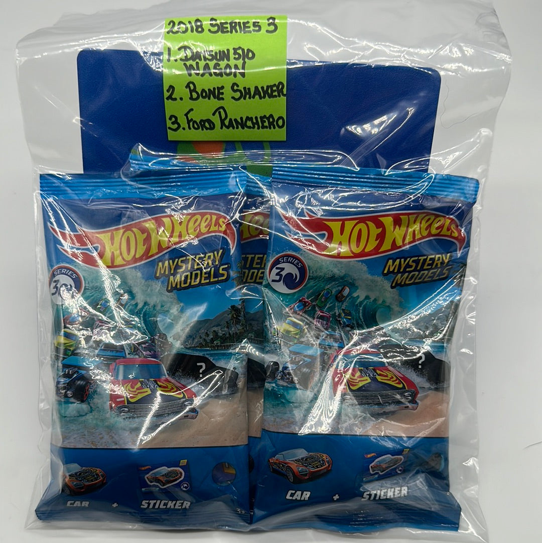 Hot Wheels 2018 Mystery Models Baggie - Series 3 Chase set of 3 (#1, #2, #3) - Datsun 510 Wagon, Bone Shaker, Ford Ranchero