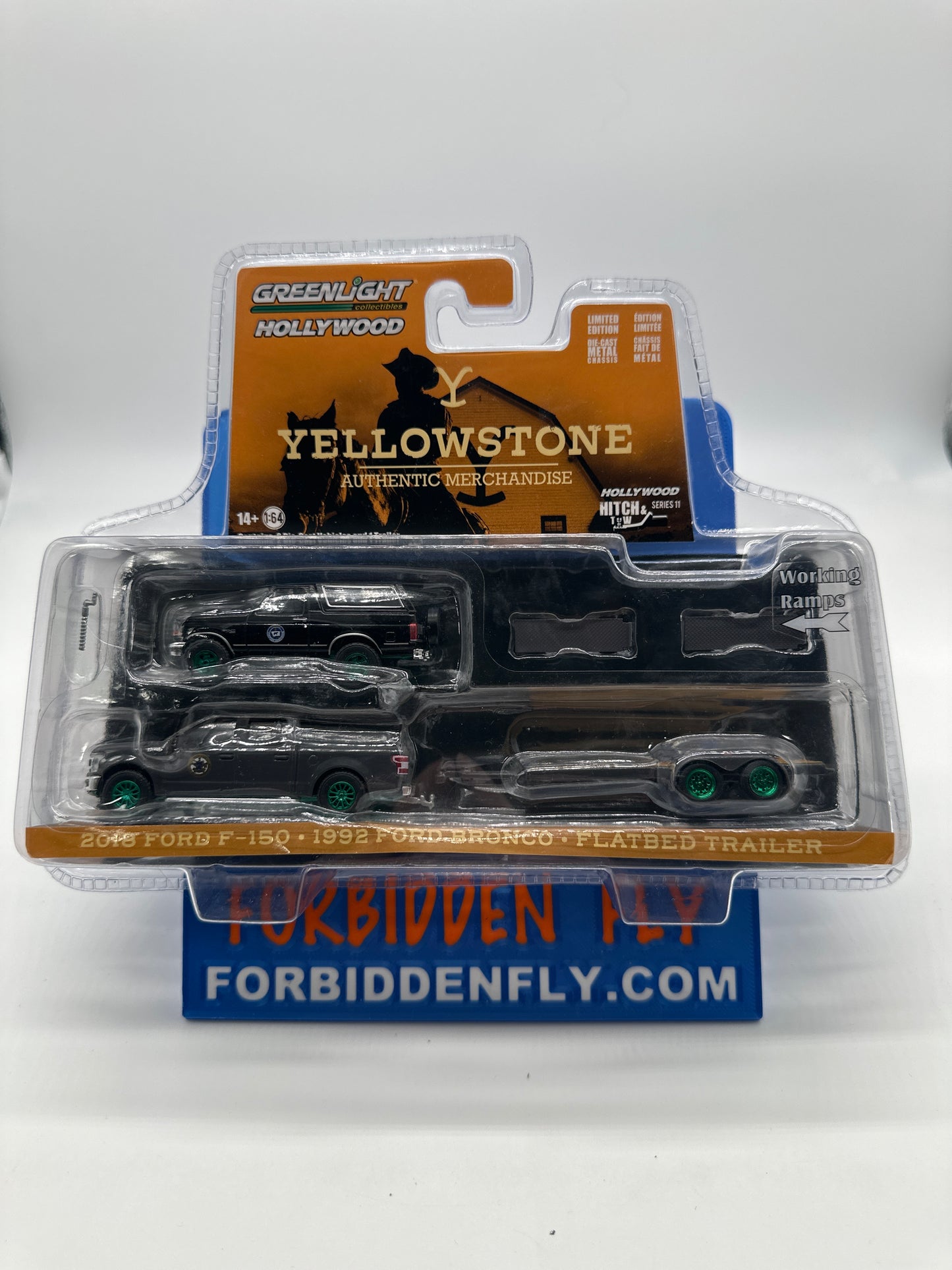 GreenLight Hollywood Hitch & Tow Series 11- #31150-C - Yellowstone 2018 Ford F-150, 1992 Ford Bronco and Flatbed Trailer - Green Machine - Chase