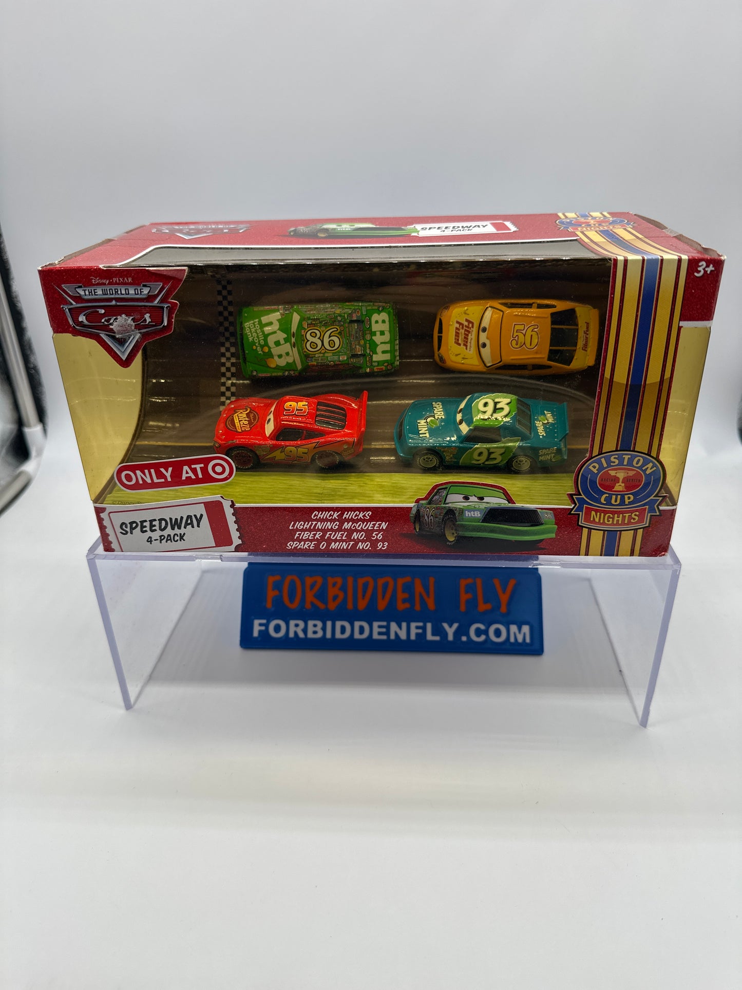 Disney Pixar Cars Movie - Target Exclusive Piston Cup Nights Series - Speedway 4 Pack Set w/ Chick Hicks, Lightning McQueen, Fiber Fuel, Spare O Mint