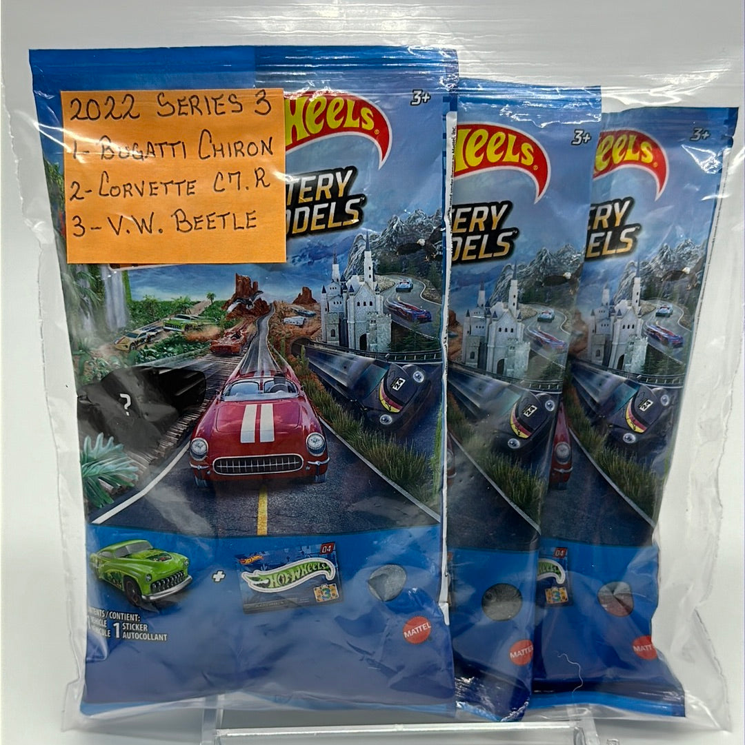 Hot Wheels 2022 Mystery Models Baggie - Series 3 Chase set of 3 (#1, #2, #3) - Bugatti Chiron, Corvette C7.R, VW Beetle