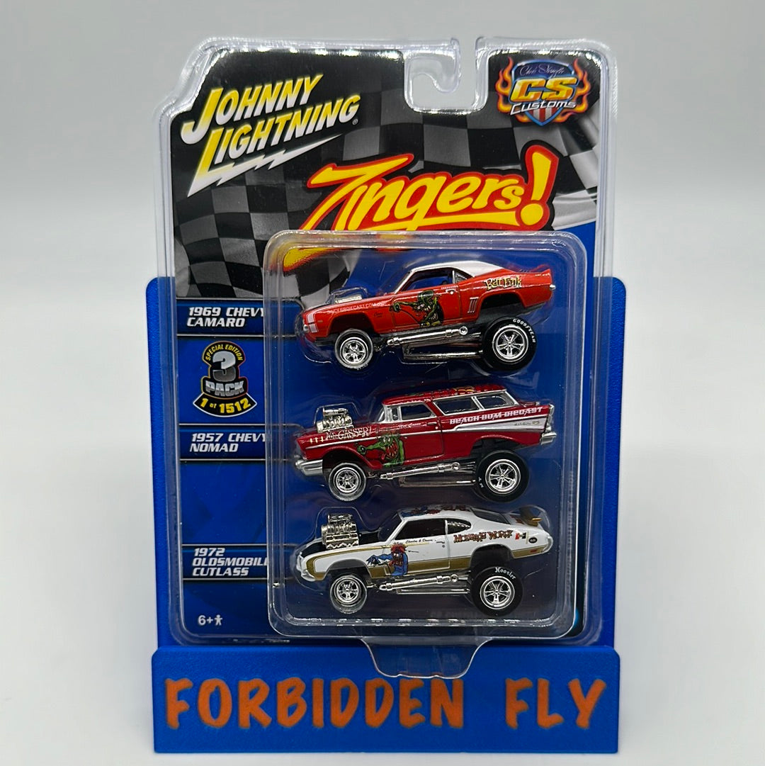 Johnny Lightning x CS (Chris Stangler) Customs Exclusive - Zingers Special Edition Rat Fink 3 Pack - 1969 Camaro, 1957 Chevy Nomad, 1972 Oldsmobile Cutlass