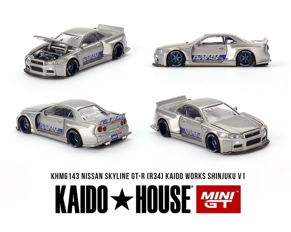 Kaido House (x MiniGT) - Regular #143 - Nissan Skyline GT-R (R34) Kaido Works Shinjuku V1 - Silver