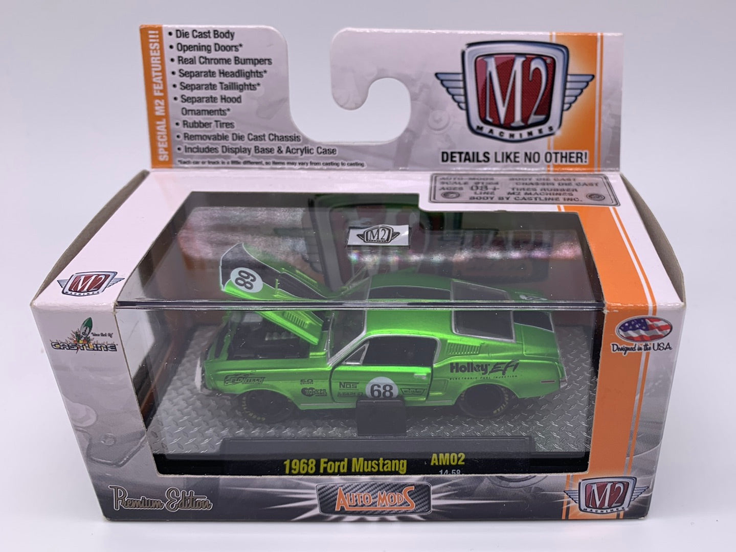 M2 Machines Acrylic Boxed Car - Auto-Mods Series AM02 - Green Holley 1968 Ford Mustang