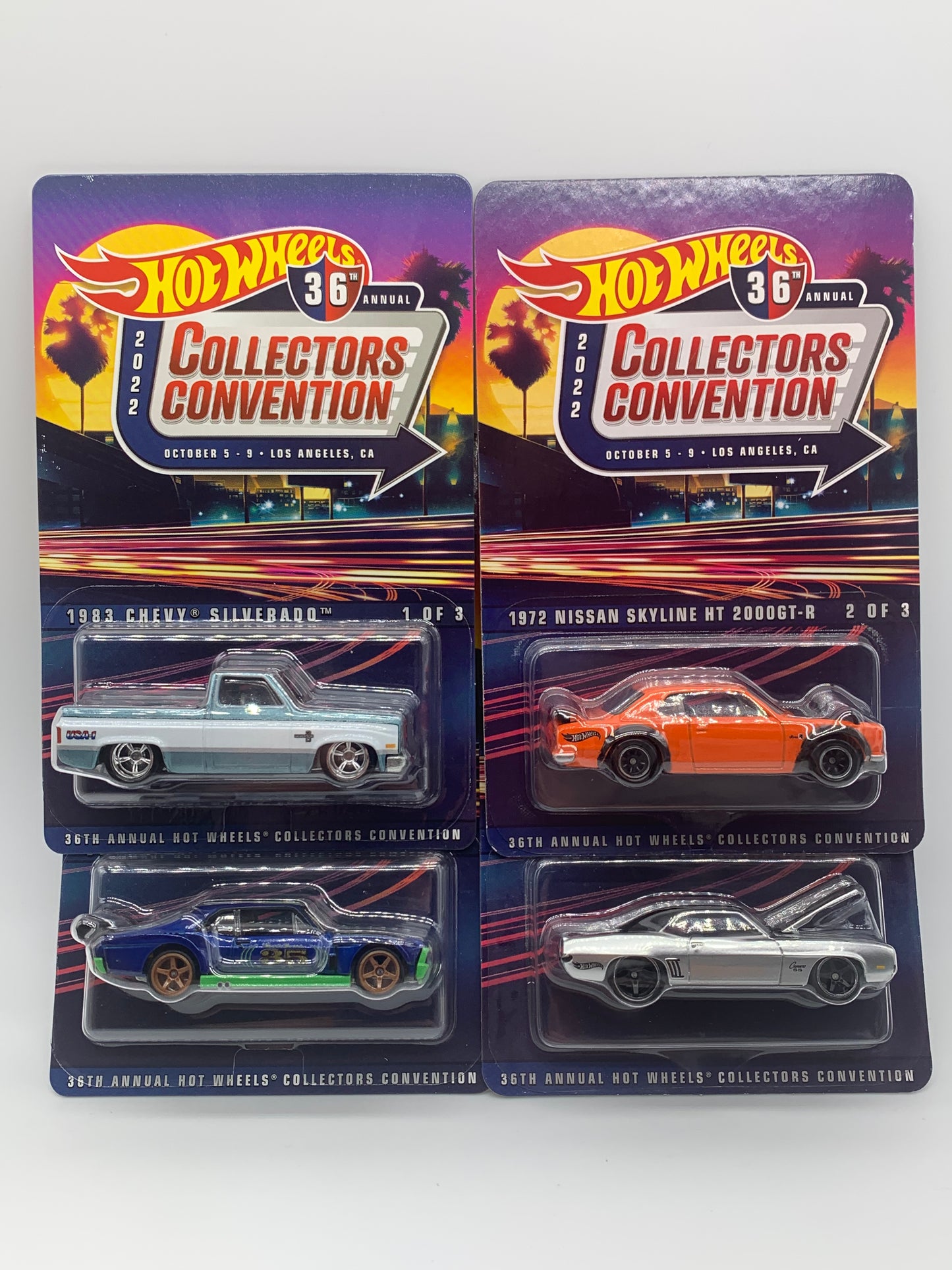 Hot Wheels 36th Annual Collector’s Convention - 2022 Los Angeles, California - Set of 4 Cars - Souvenir, Dinner & Finale - Chevy Silverado, Skyline HT 2000GT-R, Custom Chevy Nova, 69 Chevy Camaro