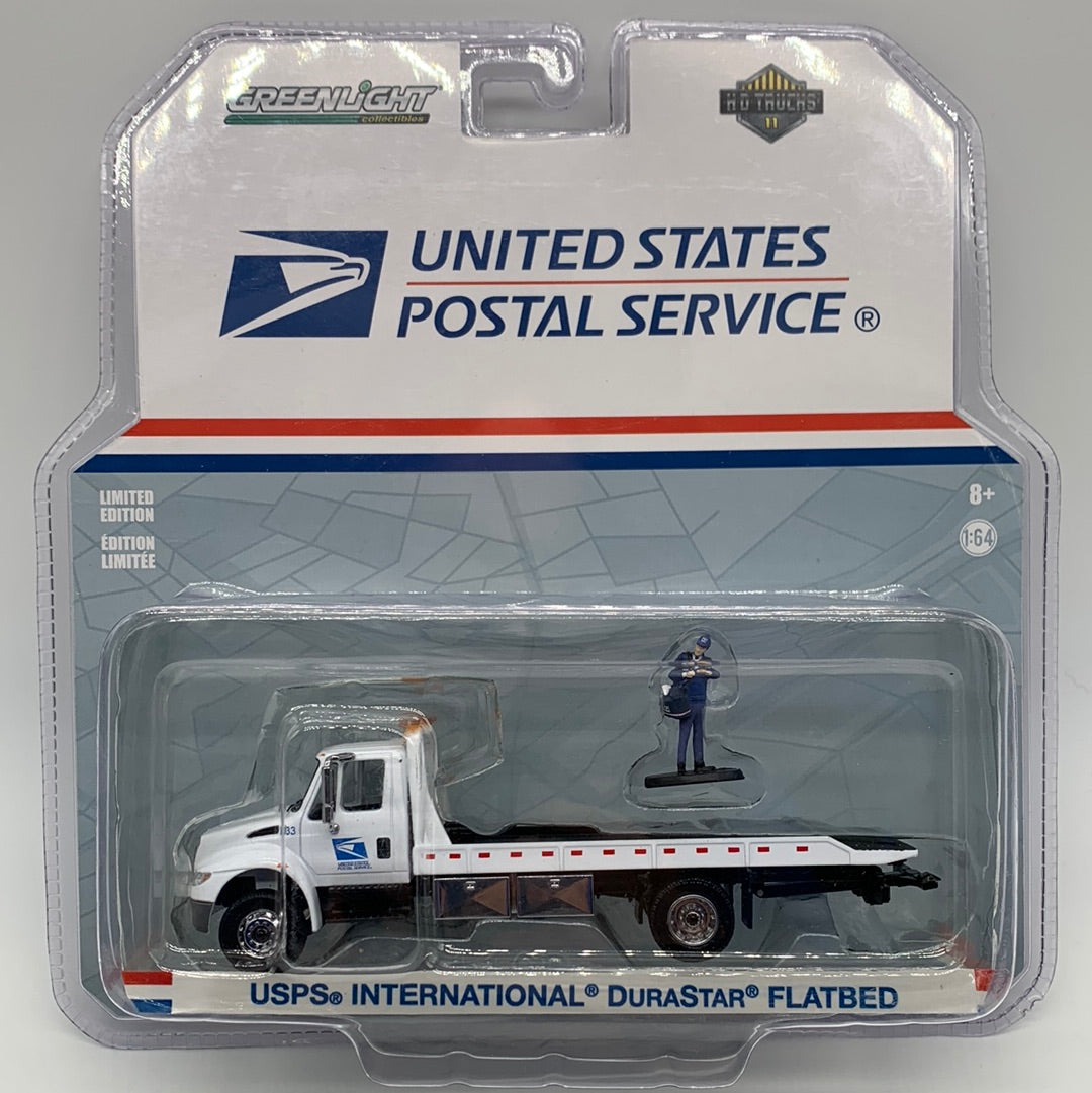 GreenLight HD Trucks Series 11 - #33110-B - United States Postal Service (USPS) International DuraStar Flatbed w/ Mailman Figure