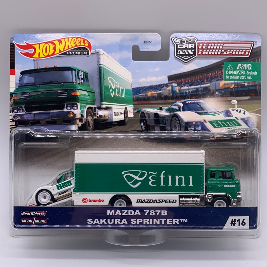 Hot Wheels Car Culture Team Transport - #16 Green & White Mazda 787B & Sakura Sprinter