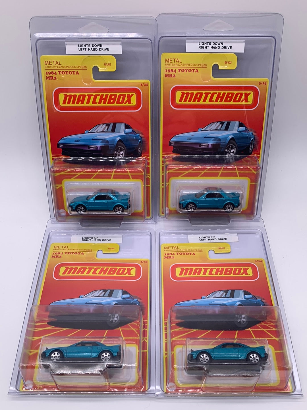 Matchbox Mainline - #3/24 - 1984 Toyota MR2 - Set of 4 Variants (Lights Up/Down & Right/Left Driver)