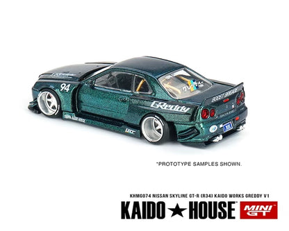 Kaido House (x MiniGT) - Regular Release #074 - Green Nissan Skyline GT-R (R34) Kaido Works