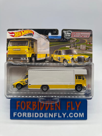 Hot Wheels Car Culture Team Transport - #39 Yellow Mercedes-Benz 300 SEL 6.8 AMG & Fleet Flyer