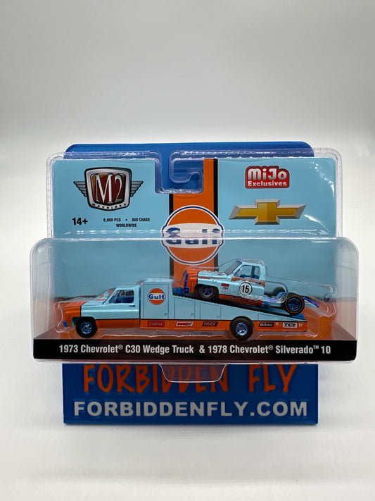 M2 Machines 2025 MiJo Exclusive - 1973 Chevrolet C30 Wedge Truck & 1978 Chevrolet Silverado 10 - Gulf Livery - Chase
