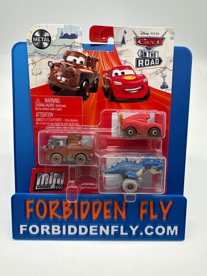 Disney Pixar Cars Movie - Metal Mini Racers 3 Pack - On the Road Cave Man Series (McQueen, Mater, Tyranamissiasaurus Rex)