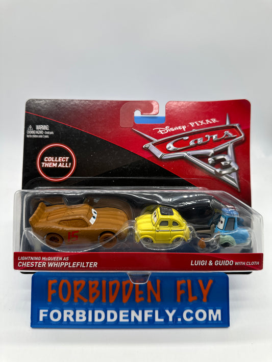 Disney Pixar Cars Movie - Cars 3 (Two) 2 Pack - Lightning McQueen As Chester Whipplefilter & Luigi & Guido With Cloth