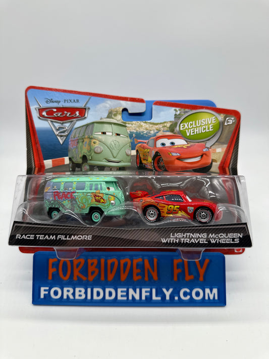 Disney Pixar Cars Movie - Cars 2 (Two) 2 Pack - Race Team Fillmore & Lightning McQueen With Travel Wheels
