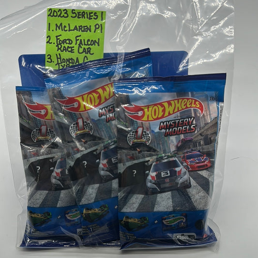 Hot Wheels 2023 Mystery Models Baggie - Series 1 Chase set of 3 (#1, #2, #3) - McLaren P1, Ford Falcon Race Car, Honda Civic Type R