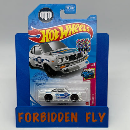 Hot Wheels 2021 Super Treasure Hunt - Factory Stickered - White Mad Mike Mazda RX-3