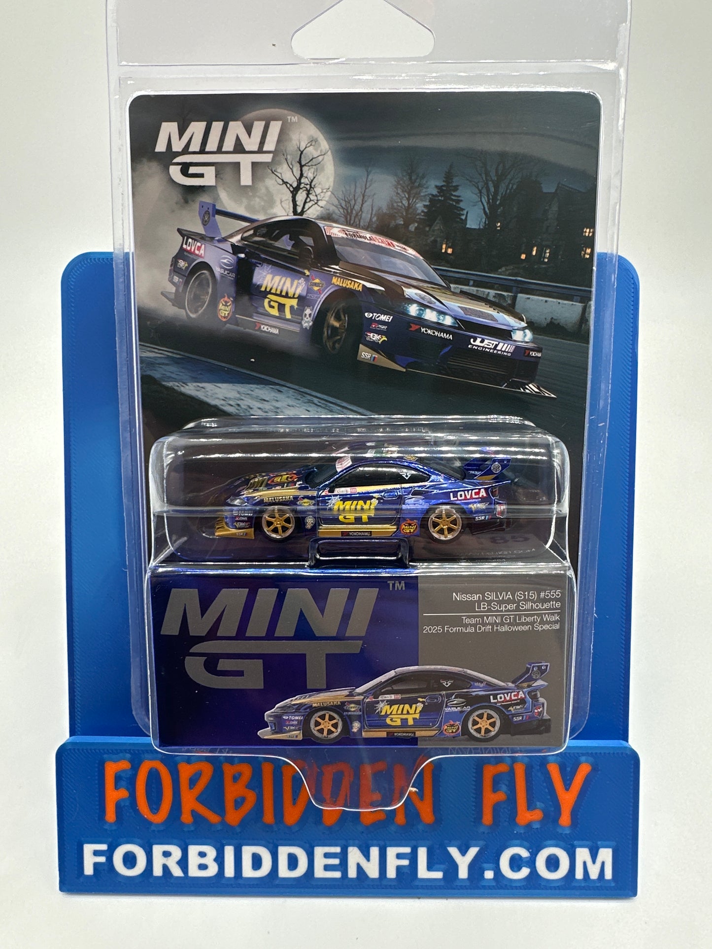 Mini GT Regular Release #1185 - Nissan Silvia (S15) #555 LB Super Silhouette - Team Mini GT Liberty Walk 2025 Formula Drift Halloween Special