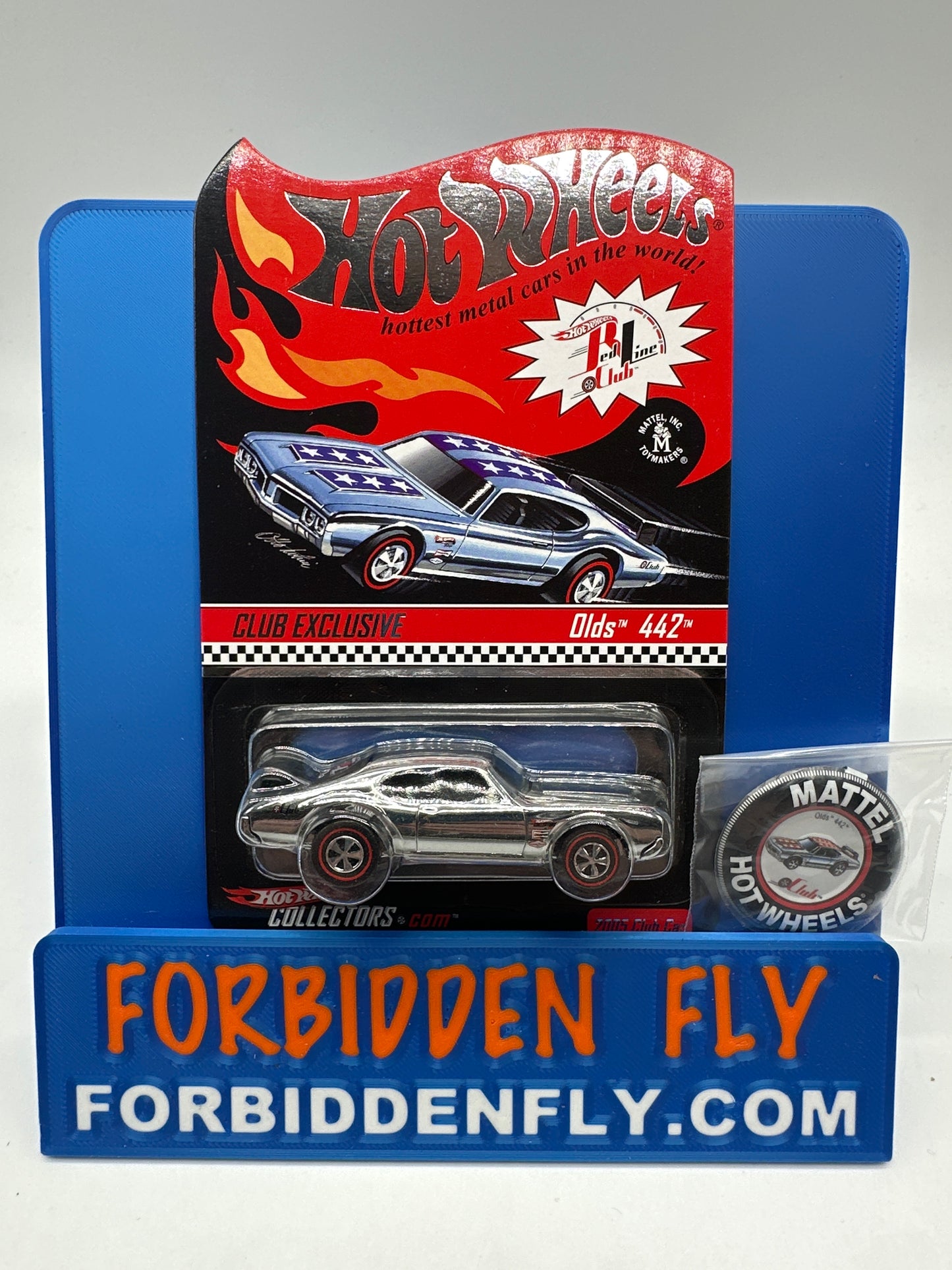Hot Wheels RLC Red Line Club - 2005 Club Car Release - Olds 442 - Chrome & Blue Stripe (w/ Pin)