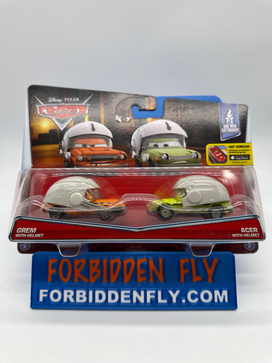 Disney Pixar Cars Movie - Oil Rig Getaway Series (Two) 2 Pack - Grem with Helmet & Acer With Helmet