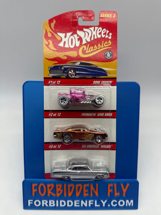 Hot Wheels Classics 3 Pack - Series 3 #’s 1, 2, 3 (Bone Shaker, King Cuda, Malibu)