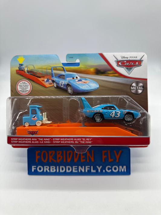 Disney Pixar Cars Movie - Pit Crew Launcher and Vehicle Set - Metal Logo Card - Strip Weathers AKA “The King” & Pitty