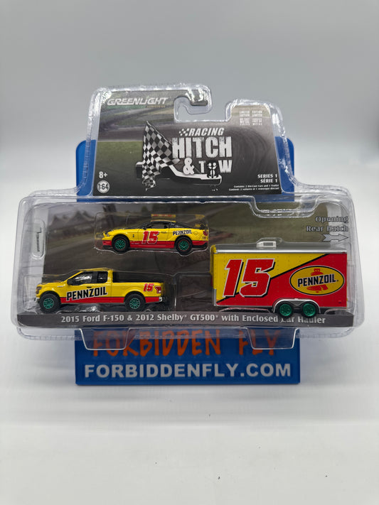 GreenLight Racing Hitch & Tow Series 1 - #31050-C - Pennzoil Deco 2015 Ford F-150, 2012 Shelby GT500 and Enclosed Car Hauler - Green Machine - Chase