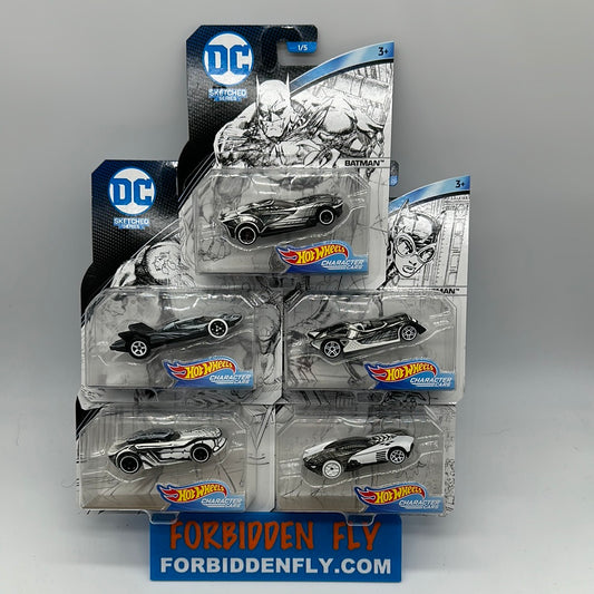 Hot Wheels Character Cars - 2018 DC Comics Sketched Series - Complete Set Of 5