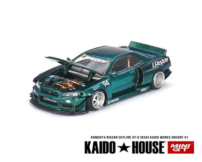 Kaido House (x MiniGT) - Regular Release #074 - Green Nissan Skyline GT-R (R34) Kaido Works