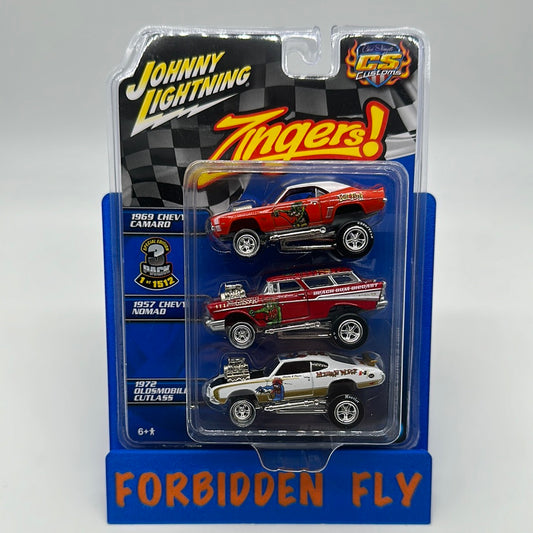 Johnny Lightning x CS (Chris Stangler) Customs Exclusive - Zingers Special Edition Rat Fink 3 Pack - 1969 Camaro, 1957 Chevy Nomad, 1972 Oldsmobile Cutlass