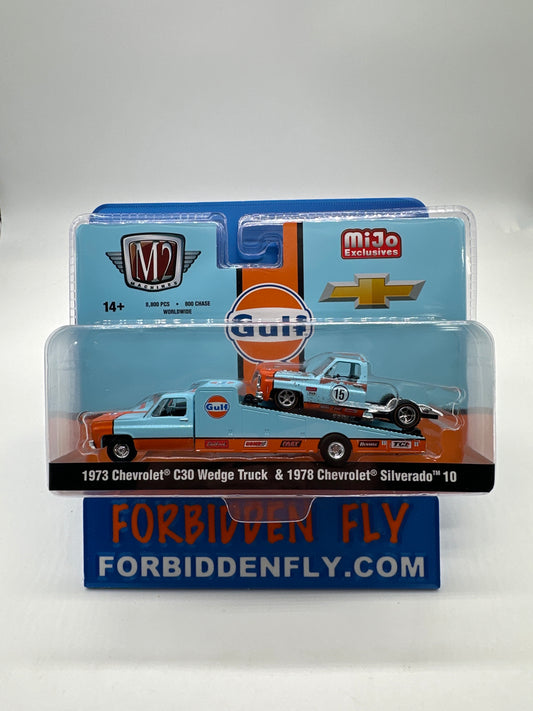 M2 Machines 2025 MiJo Exclusive - 1973 Chevrolet C30 Wedge Truck & 1978 Chevrolet Silverado 10 - Gulf Livery