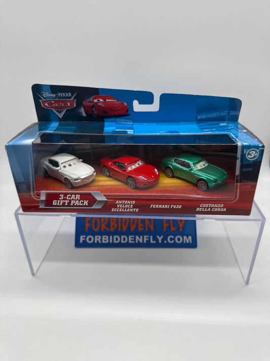 Disney Pixar Cars Movie - 3 Car Multipack Gift Pack - Eye Change Antonio Veloce Eccelente, Ferrari F430, Constanzo Della Corsa