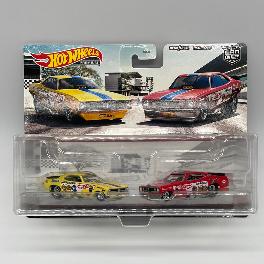 Hot Wheels Car Culture - Target Exclusive Premium 2 Pack - Snake & Mongoose - ‘72 Plymouth Cuda FC & Plymouth Duster Funny Car