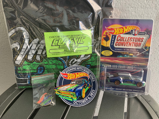 Hot Wheels 36th Annual Collector’s Convention Exclusive - 2022 Los Angeles, CA - Custom 1970 Chevy Nova Dinner Stickered Car Package w/ Shirt, Pin & Patch