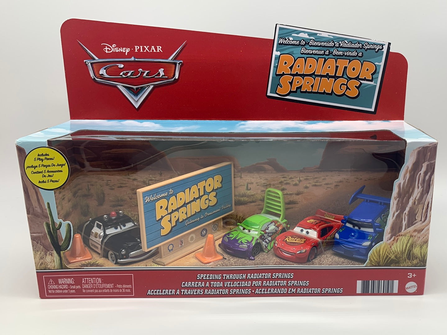 Disney Pixar Cars Movie - Welcome to Radiator Springs - Speeding Through Radiator Springs 4 Car Box Set - DJ, Wingo, Lightning McQueen, Sheriff