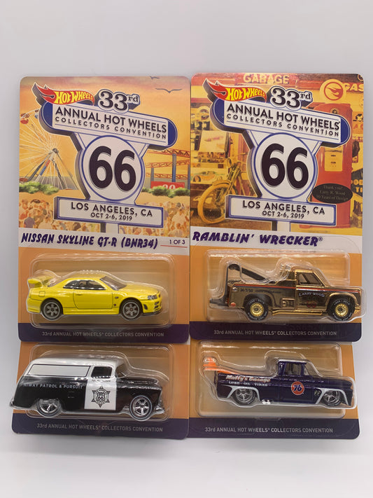 Hot Wheels 33rd Annual Collector’s Convention - 2019 Los Angeles, California - Set of 4 Cars - Souvenir, Dinner Stickered & Finale - Skyline GT-R, Chevy Pickup, Chevy Panel & Ramblin’ Wrecker