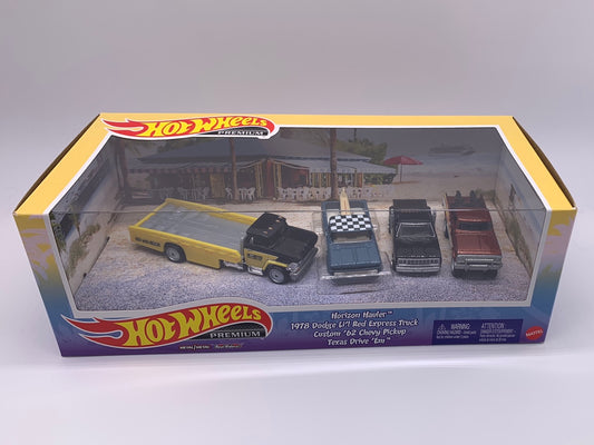 Hot Wheels - Horizon Hauler Truck Set - Li’l Red Express, ‘62 Chevy & Texas Drive ‘Em - Premium Boxed Diorama Set
