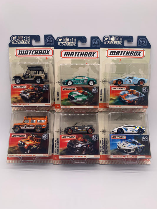 Matchbox 2018 - 65th Anniversary - Globe Travelers Complete Set of 6 - Audi, Gulf Porsche, Jeep