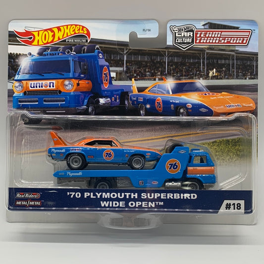 Hot Wheels Car Culture Team Transport - #18 Blue ‘70 Plymouth Superbird & Wide Open