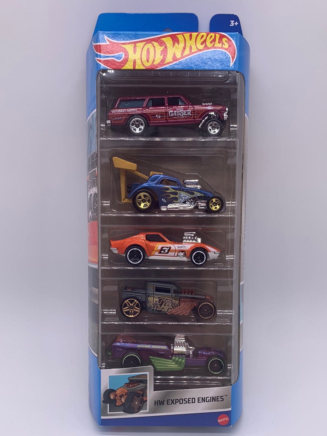 Hot Wheels 5 Pack - 2022 HW Exposed Engines - w/ Bone Shaker & Nova Wagon Gasser